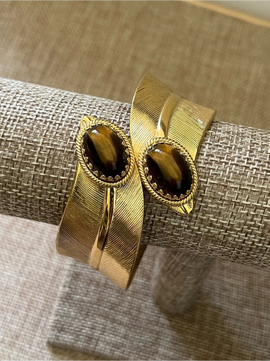 Jewelry - Gold-Tone Cuff Bracelet with Tiger's Eye Cabochon